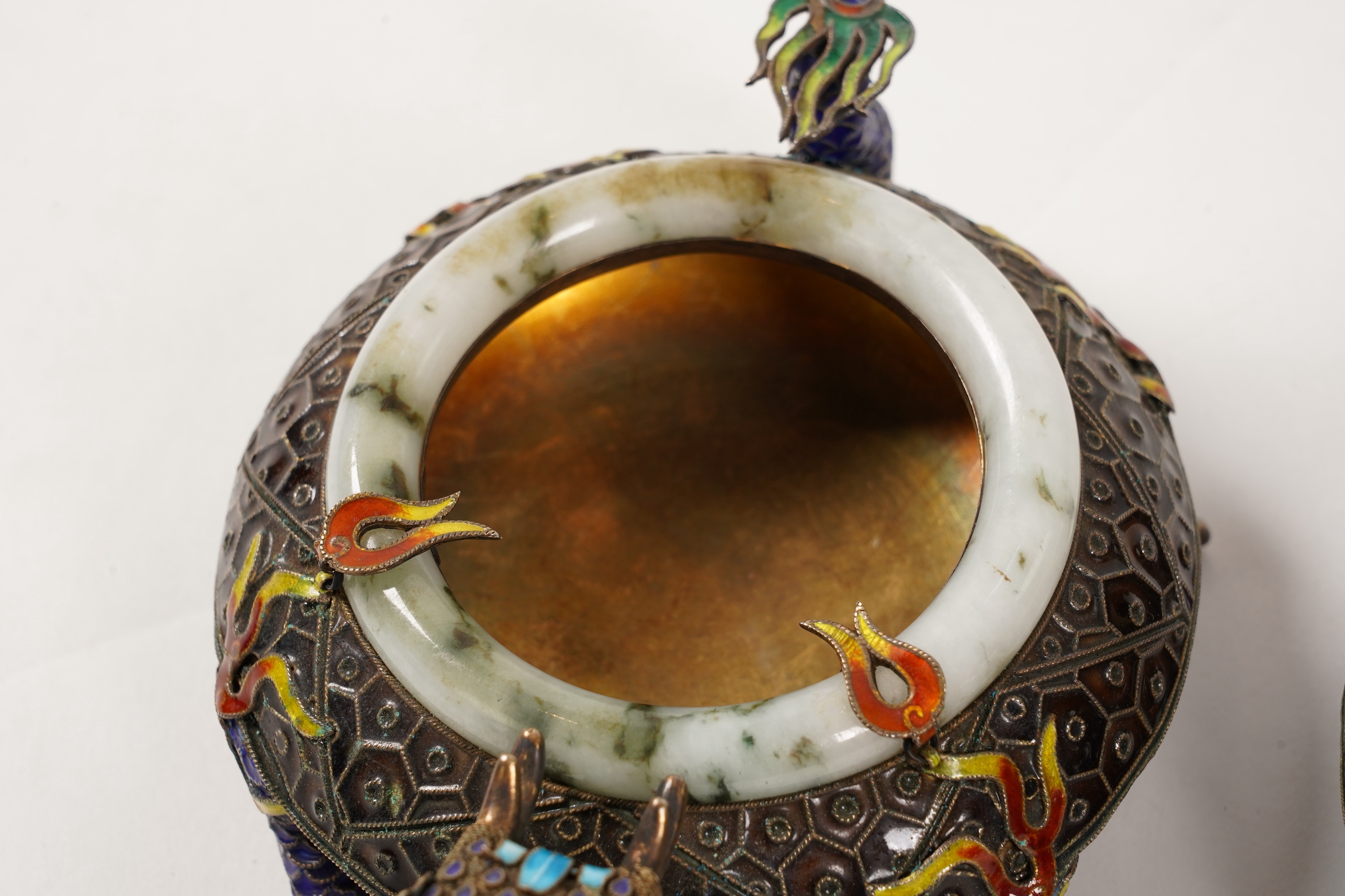 A pair of Chinese silver-gilt and enamel ’dragon’ bowls, 20th century